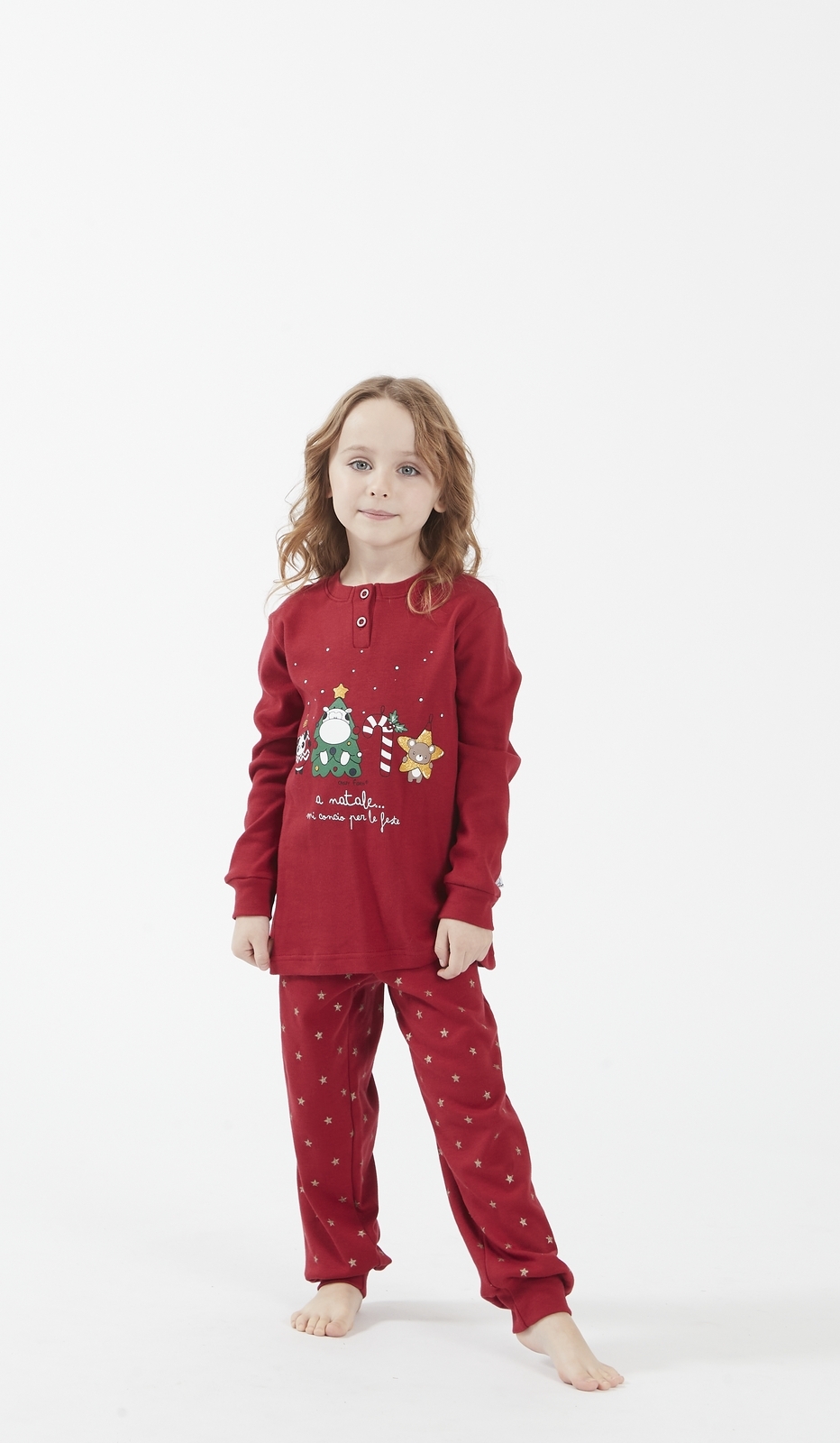 Pigiama Serafino per Bambina in Stile Natalizio, Rosso con Motivi Albero di Natale e Stelle - Comodo ed Elegante per le Feste di Natale