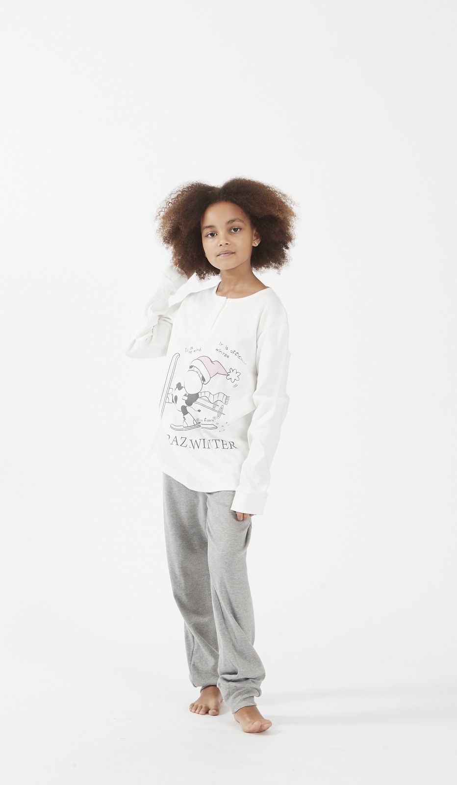 Pigiama Serafino Kid Crazy Winter per Bimba - Pigiama Invernale Bianco e Grigio con Design Unico - Ideale per Ragazze con Capelli Ricci - Comoda Activewear per Casa e Sonno