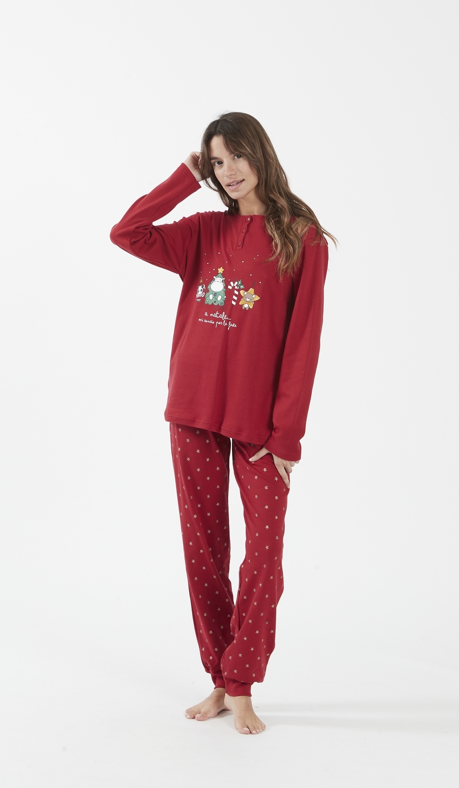 Pigiama Serafino Donna Natalizio - Maglia Maniche Lunghe e Pantaloni Rosso con Motivi Stelle - Comfort e Stile per le Festività Natalizie