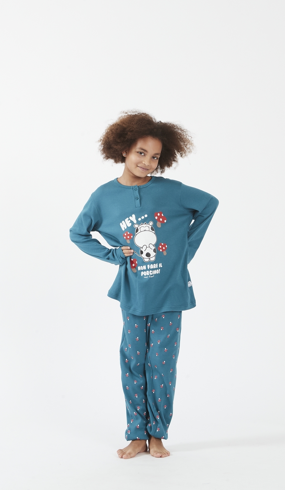 Pigiama Serafino Kid Porcino per Bimba - Divertente Design Orso e Funghi - Maglia a Maniche Lunghe Blu e Pantaloni Lunghi Coordinati - Comodo per Tutte le Stagioni